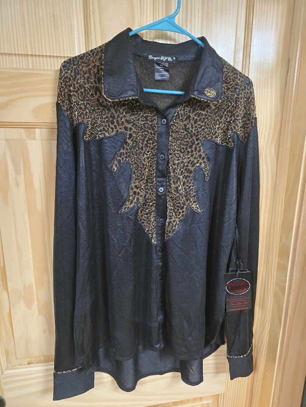 Leopard Yoke Black Button-Up Blouse